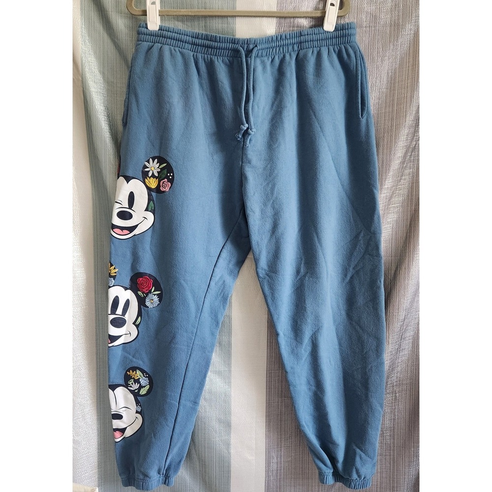 Disney Mickey Mouse Embroidery Floral Jogger Sweatpants Blue W XL Vtg Cartoon